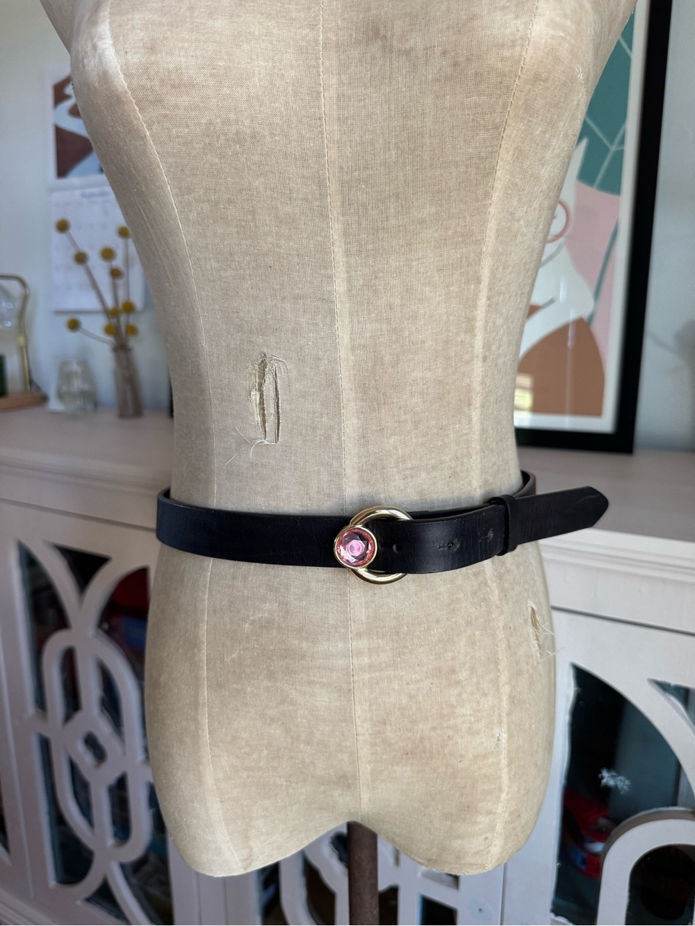 Anthropologie Black Leather Belt with Gold Ring and Pink Stone
